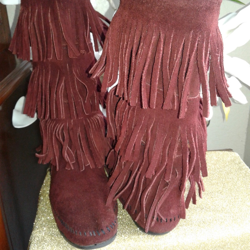 Minnetonka Burgundy Suede 3 Layer Fringe Boots - image 4